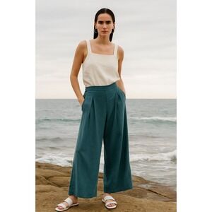 Jules & Leopold Teal Linen Wide Leg Cropped Pants Size Large Linen Blend Pleated